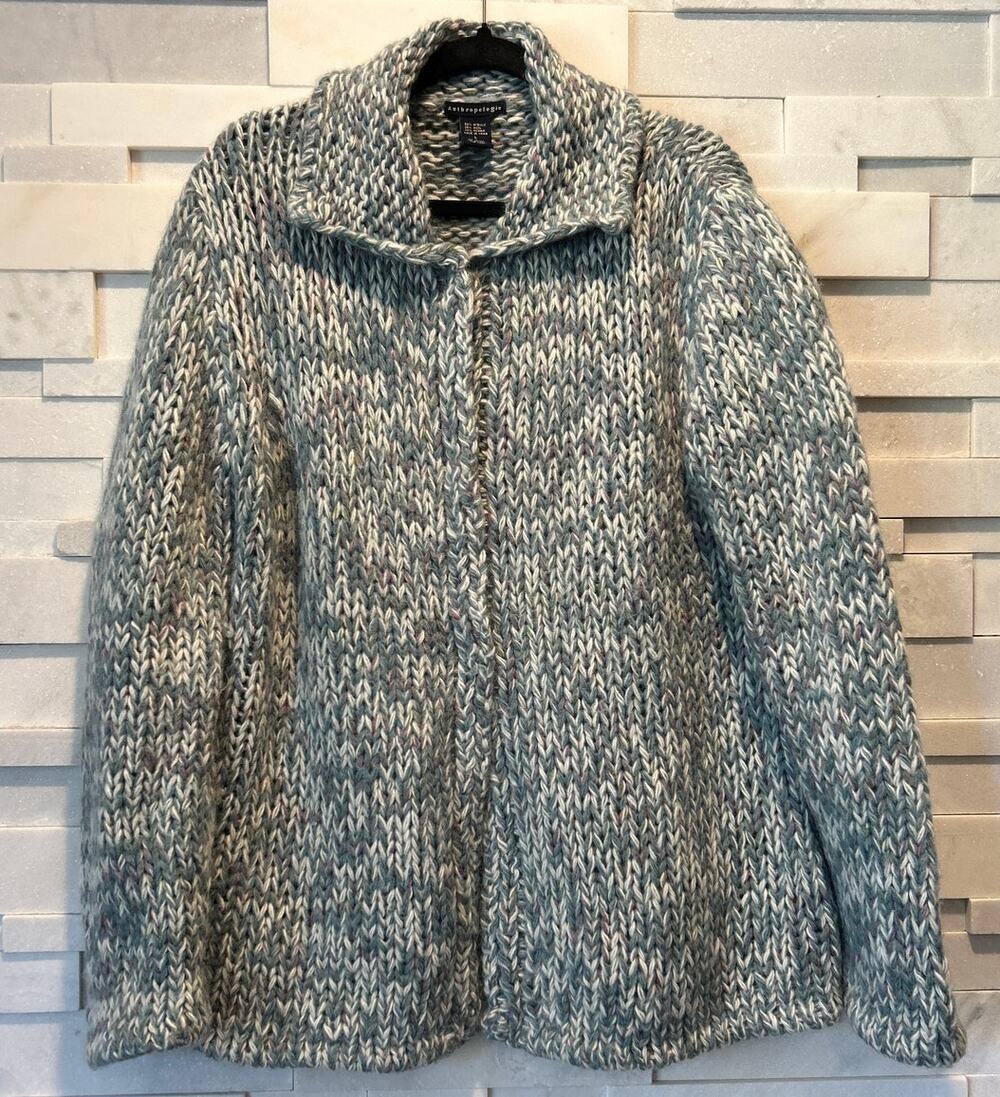 ANTHROPOLOGIE Wool Mohair Chunky Knit Oversized Collared Cardigan Sweater L